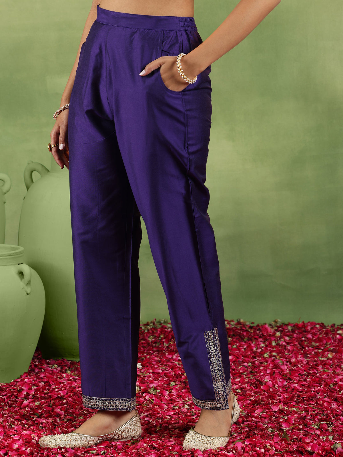 Anouk Purple Yoke Design Silk Blend Straight Suit With Dupatta