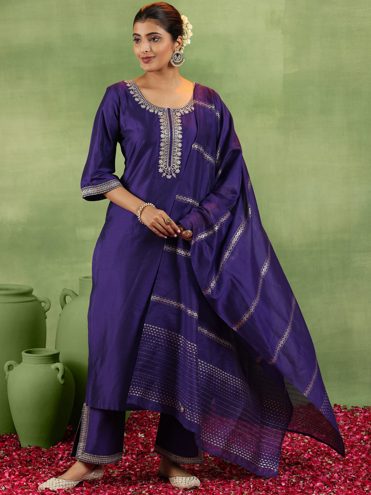 Anouk Purple Yoke Design Silk Blend Straight Suit With Dupatta