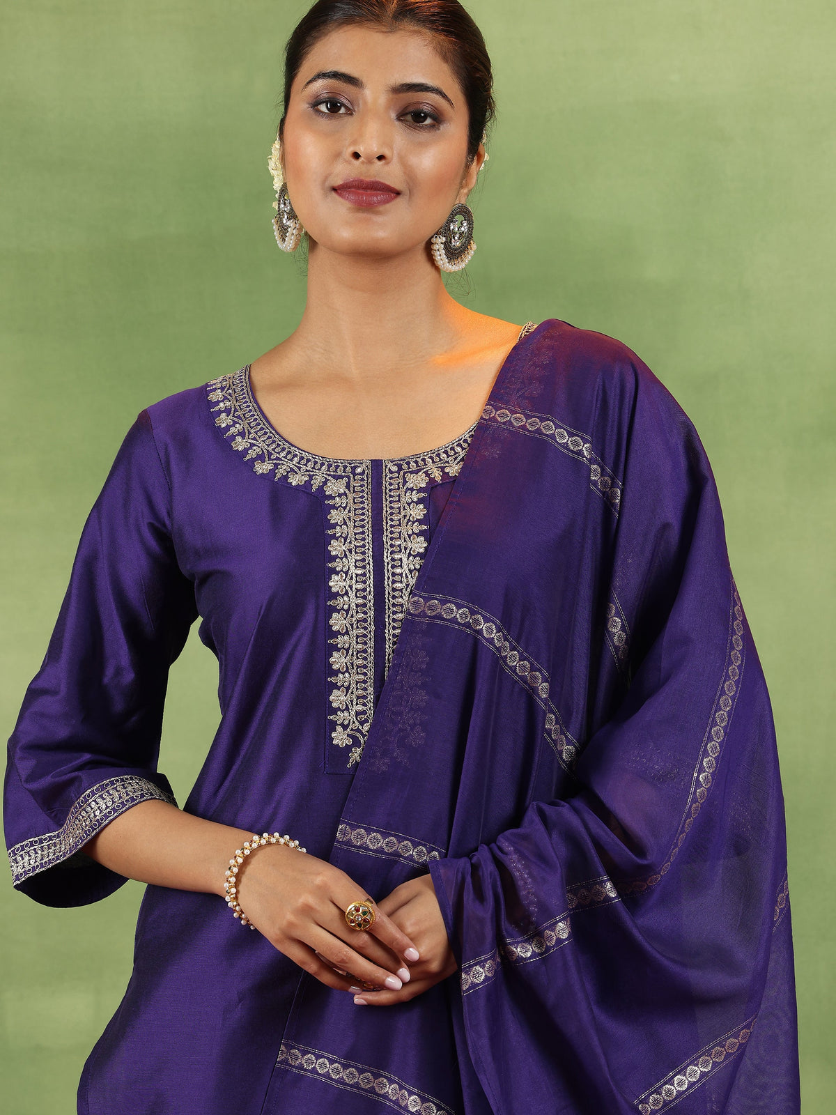 Anouk Purple Yoke Design Silk Blend Straight Suit With Dupatta