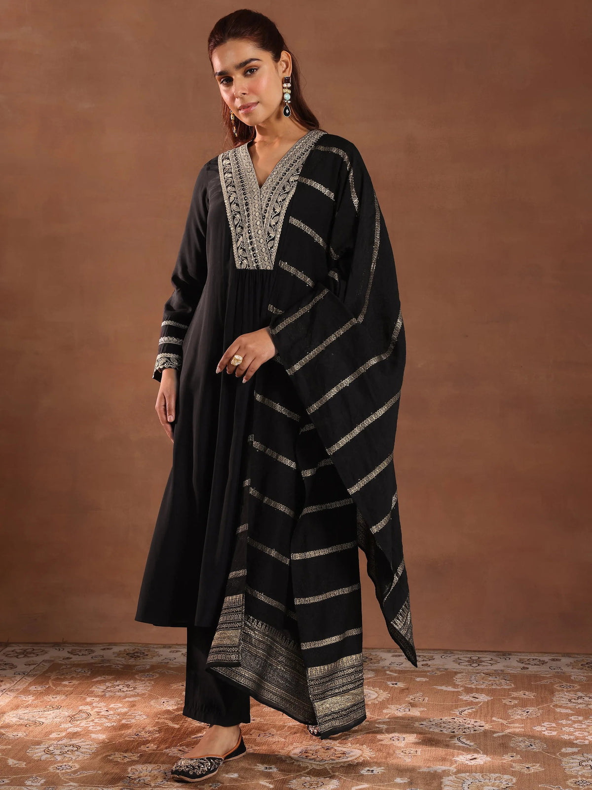 Anouk Black Embroidered Silk Blend A-Line Suit Set With Dupatta