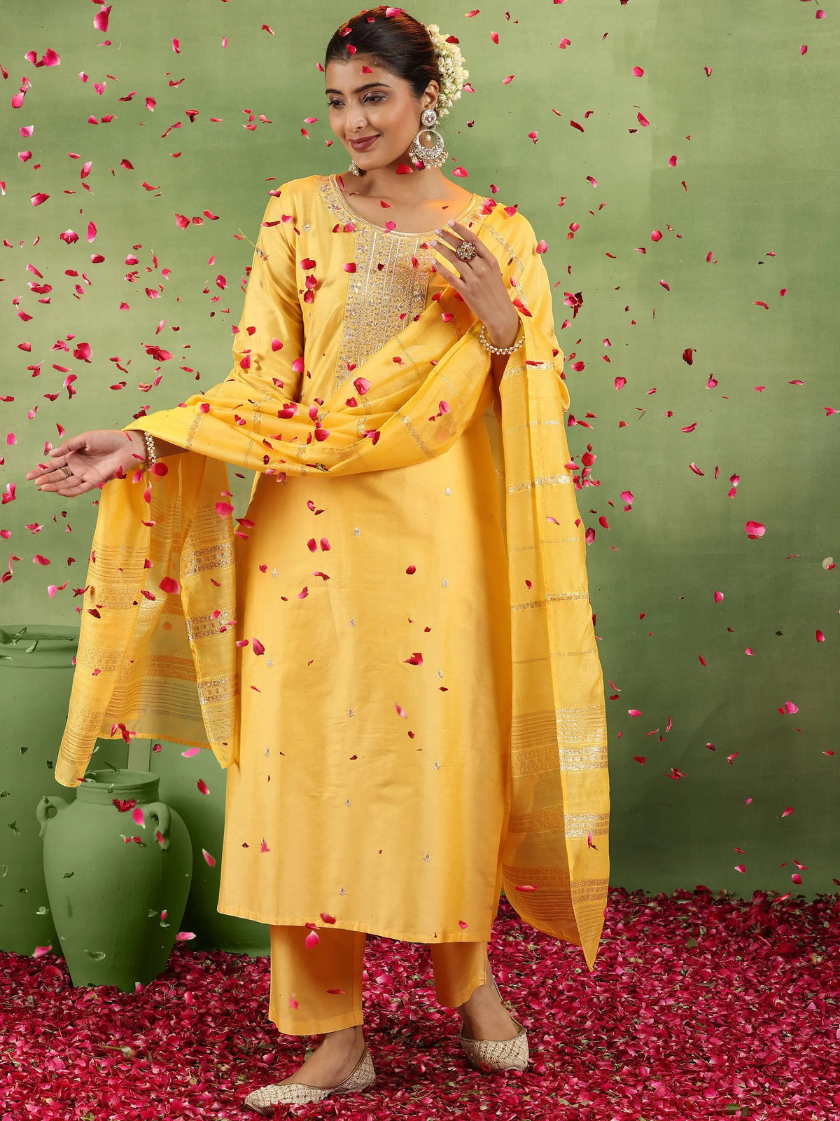 Anouk Yellow Embroidered Silk Blend Straight Suit With Dupatta