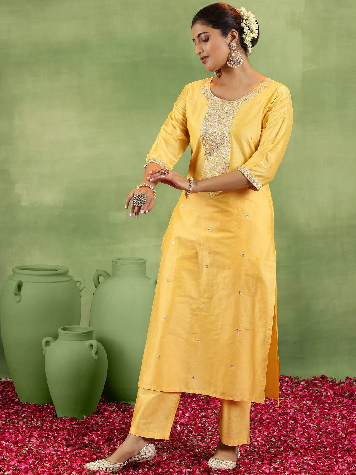 Anouk Yellow Embroidered Silk Blend Straight Suit With Dupatta