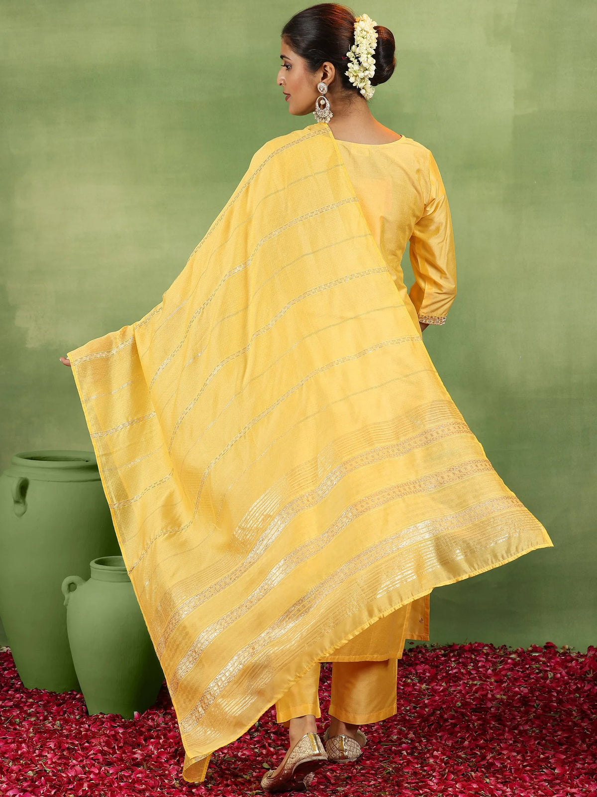 Anouk Yellow Embroidered Silk Blend Straight Suit With Dupatta