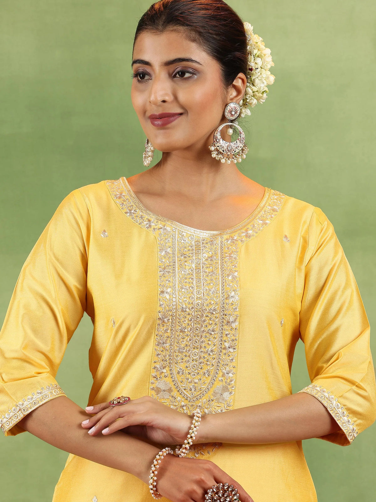 Anouk Yellow Embroidered Silk Blend Straight Suit With Dupatta