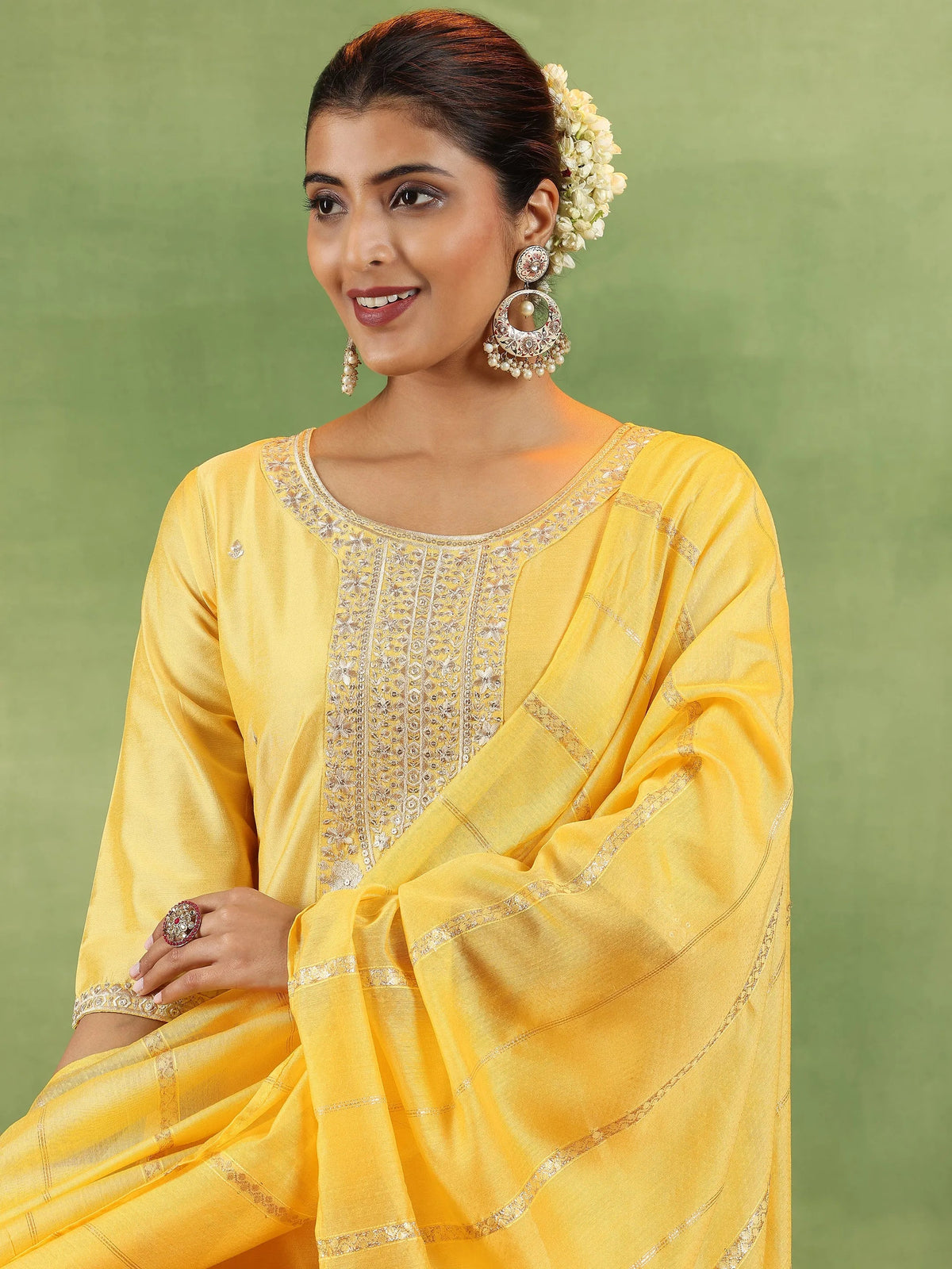 Anouk Yellow Embroidered Silk Blend Straight Suit With Dupatta