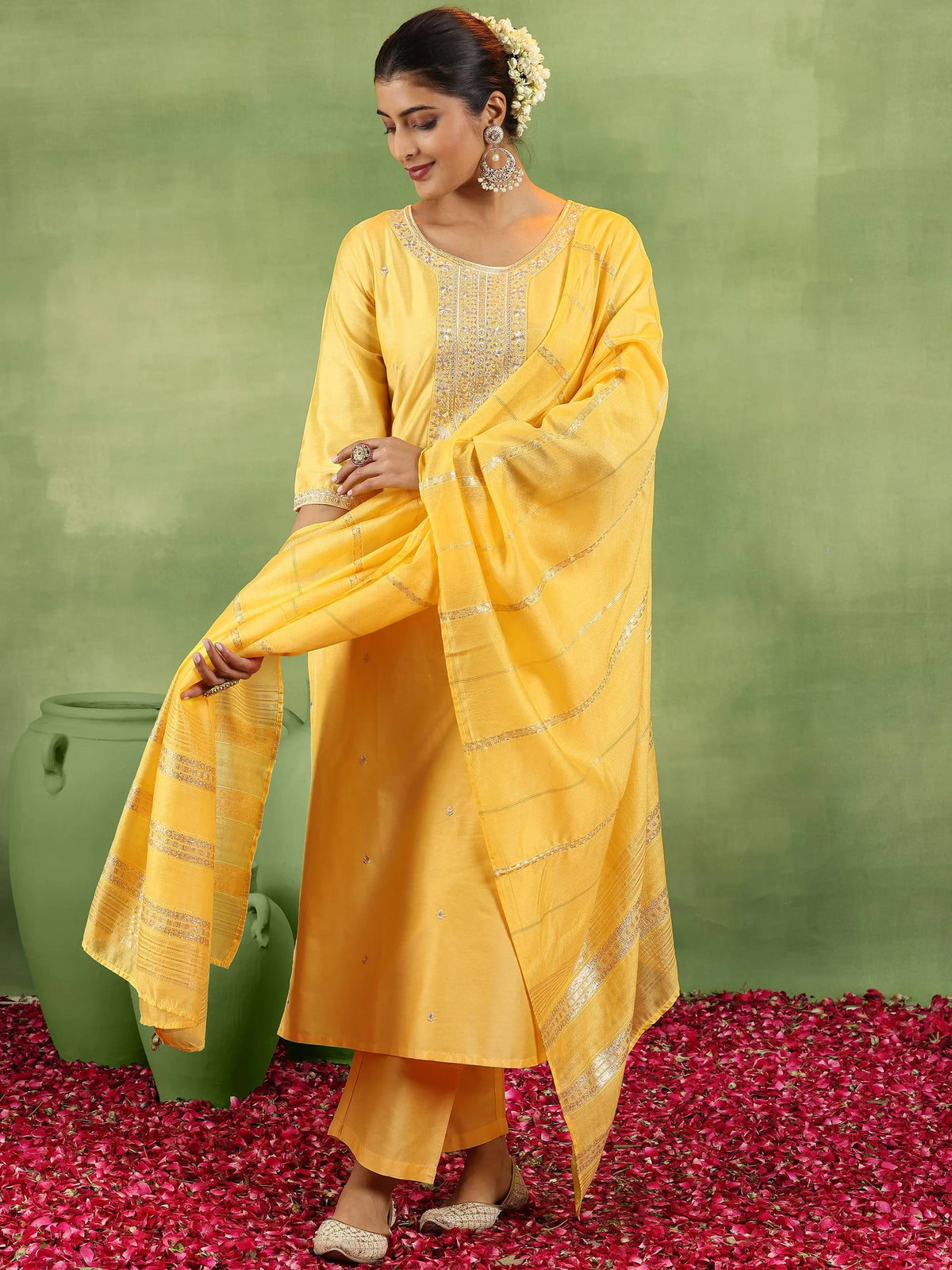 Anouk Yellow Embroidered Silk Blend Straight Suit With Dupatta