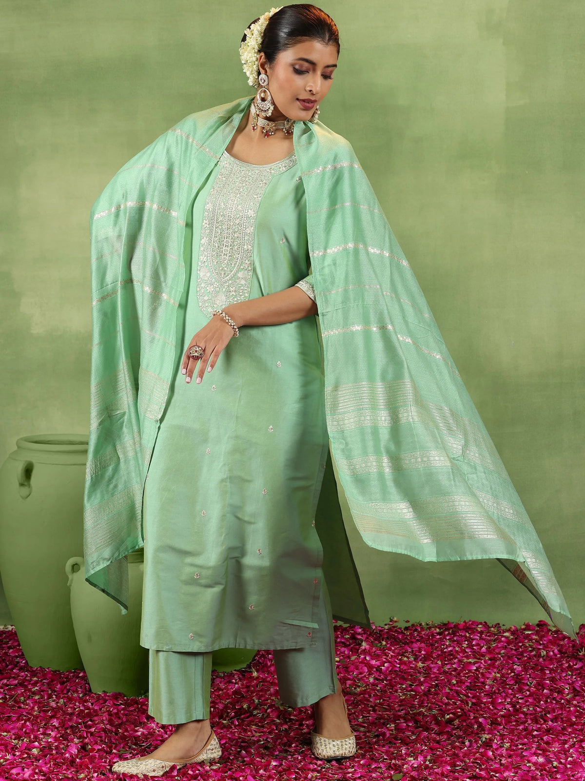 Anouk Green Embroidered Silk Blend Straight Suit With Dupatta