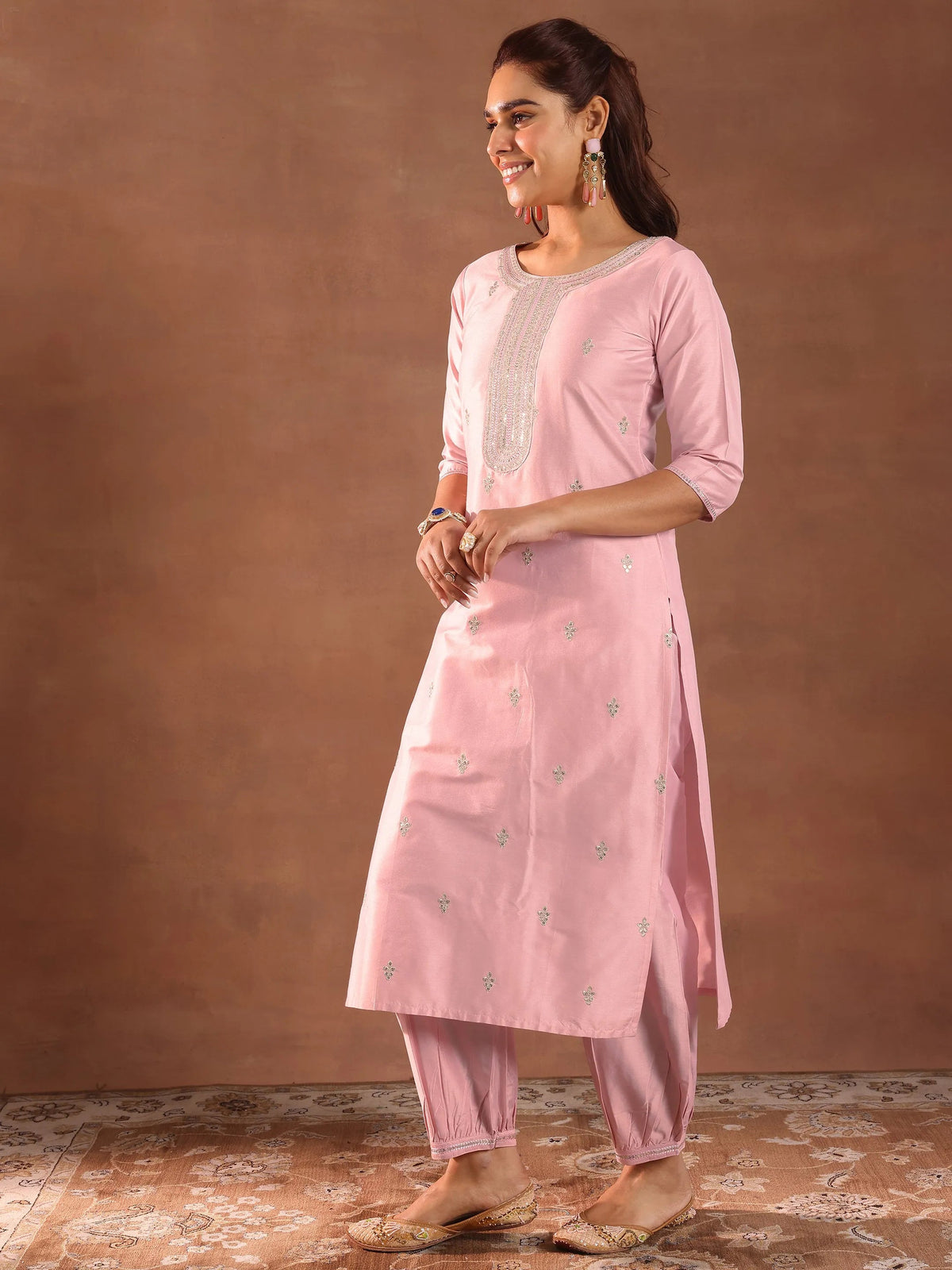 Anouk Pink Embroidered Silk Blend Straight Suit Set With Dupatta