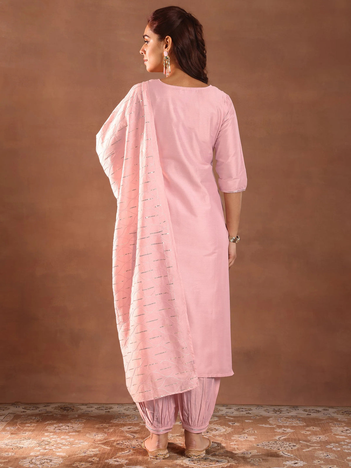 Anouk Pink Embroidered Silk Blend Straight Suit Set With Dupatta