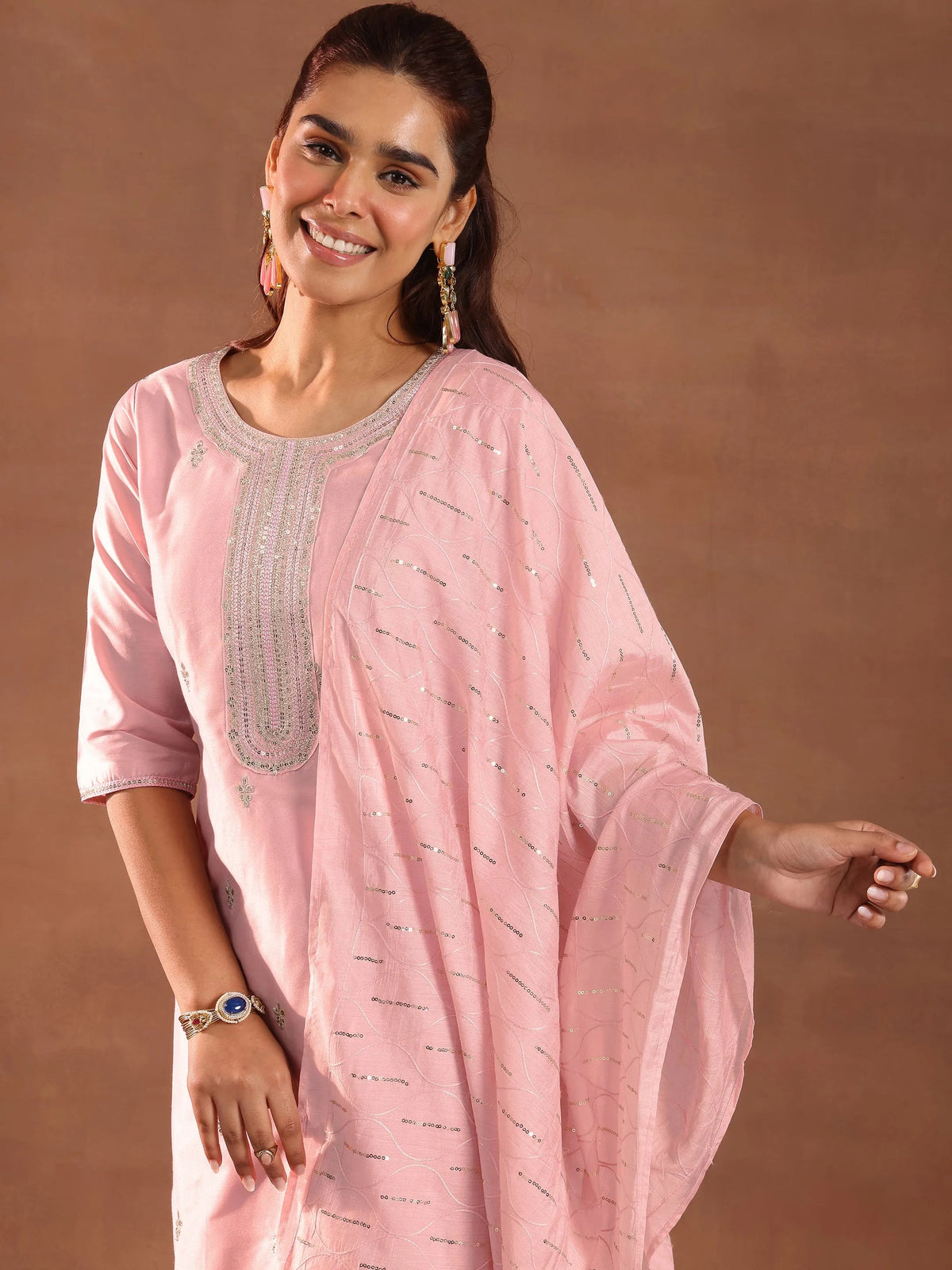 Anouk Pink Embroidered Silk Blend Straight Suit Set With Dupatta