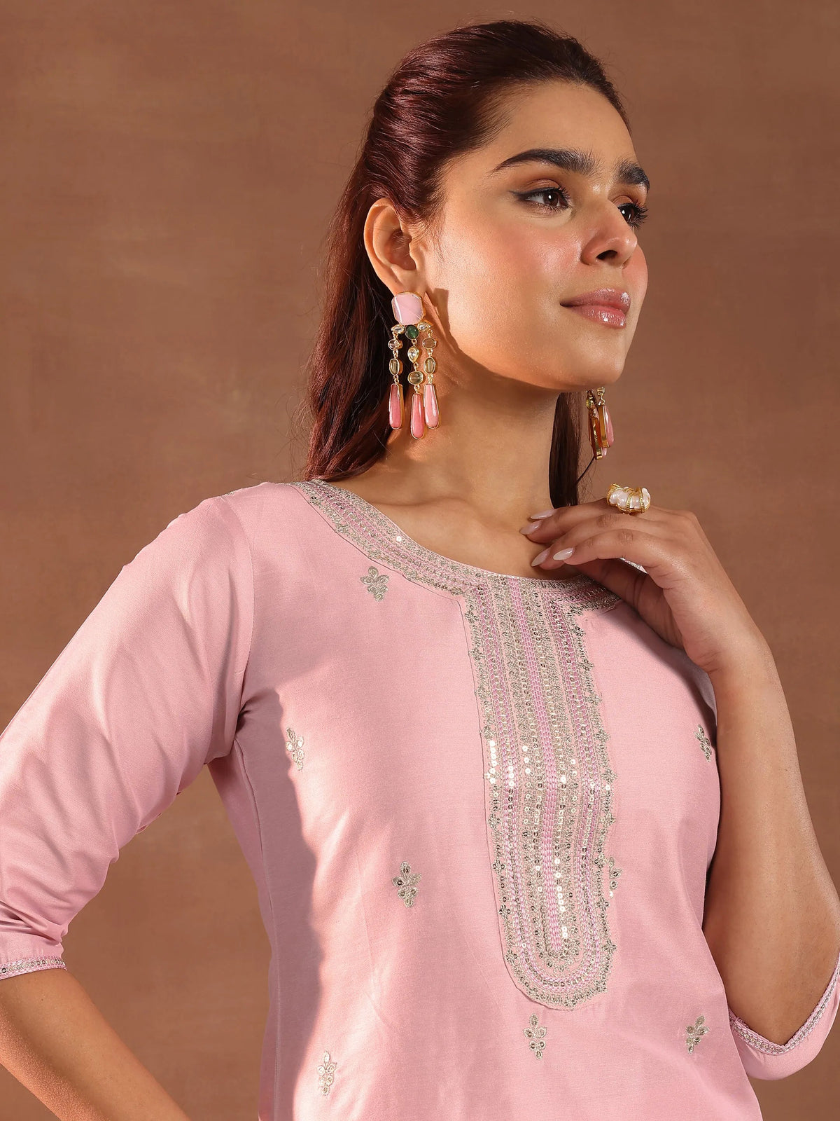 Anouk Pink Embroidered Silk Blend Straight Suit Set With Dupatta