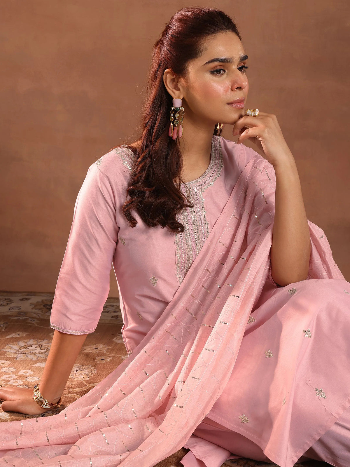 Anouk Pink Embroidered Silk Blend Straight Suit Set With Dupatta