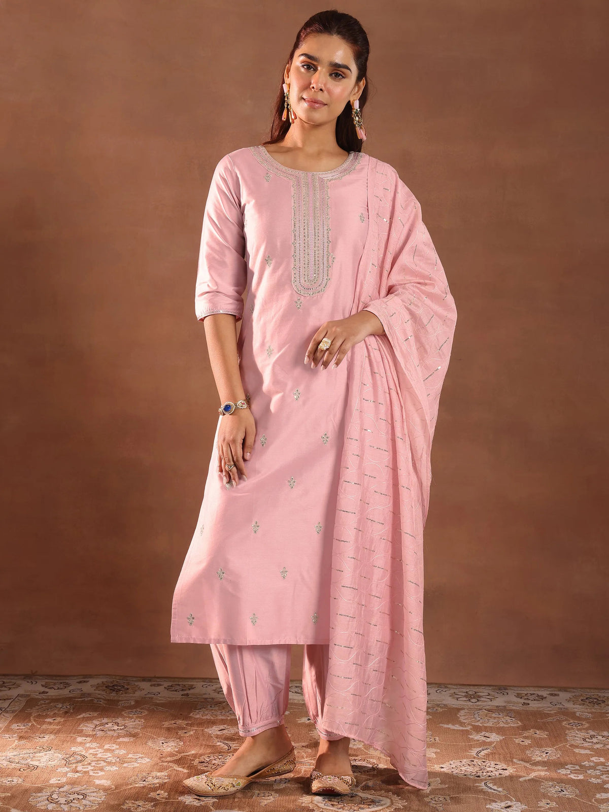 Anouk Pink Embroidered Silk Blend Straight Suit Set With Dupatta