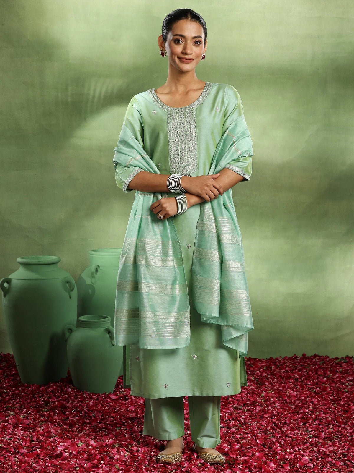 Anouk Green Embroidered Silk Blend Straight Suit With Dupatta