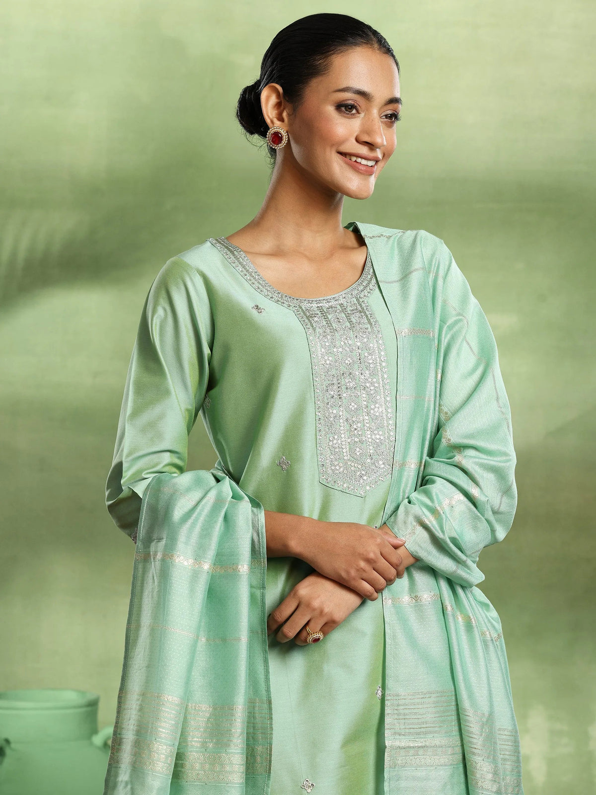 Anouk Green Embroidered Silk Blend Straight Suit With Dupatta