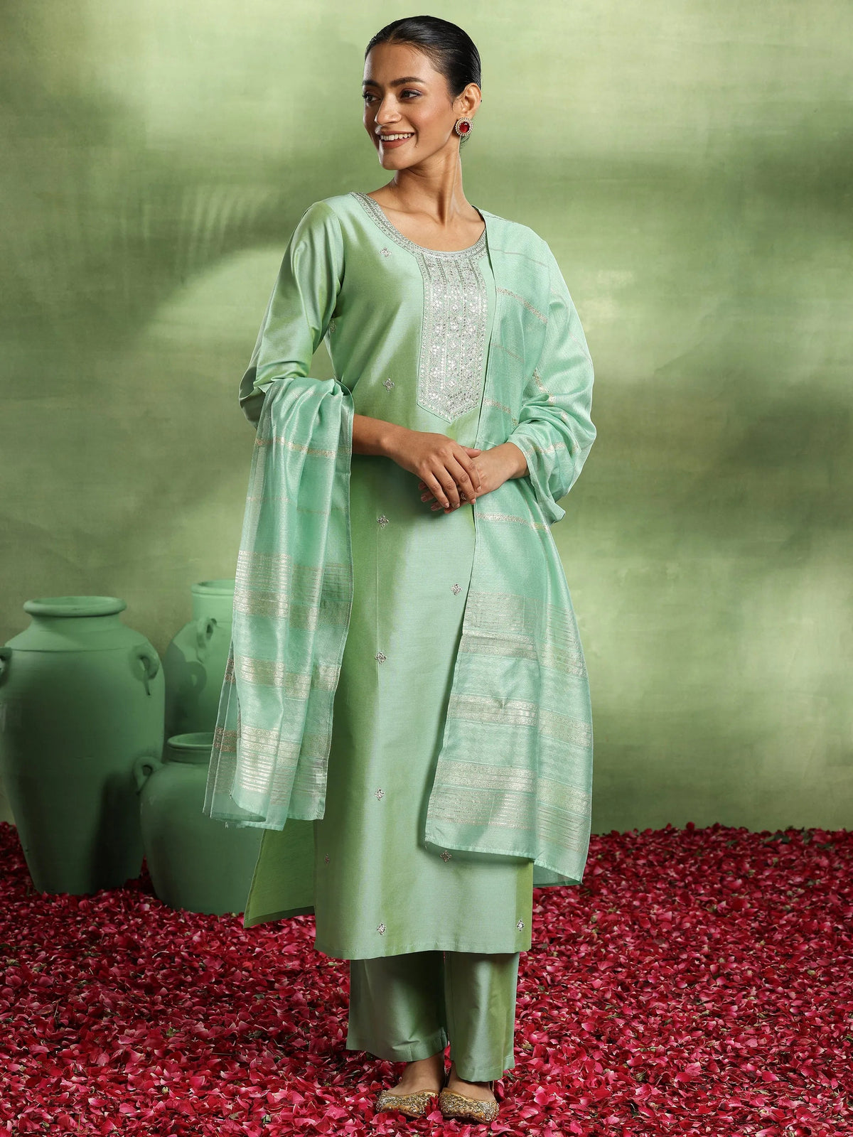 Anouk Green Embroidered Silk Blend Straight Suit With Dupatta