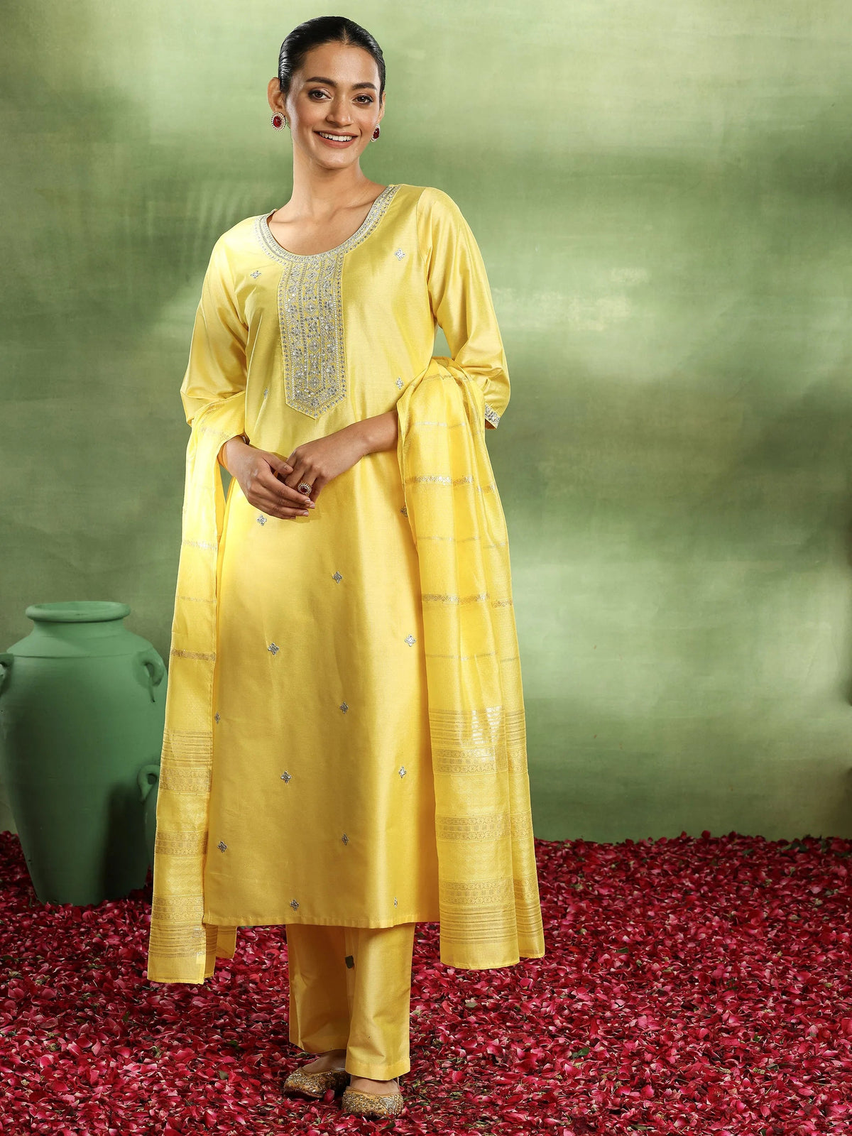 Anouk Yellow Embroidered Silk Blend Straight Suit With Dupatta