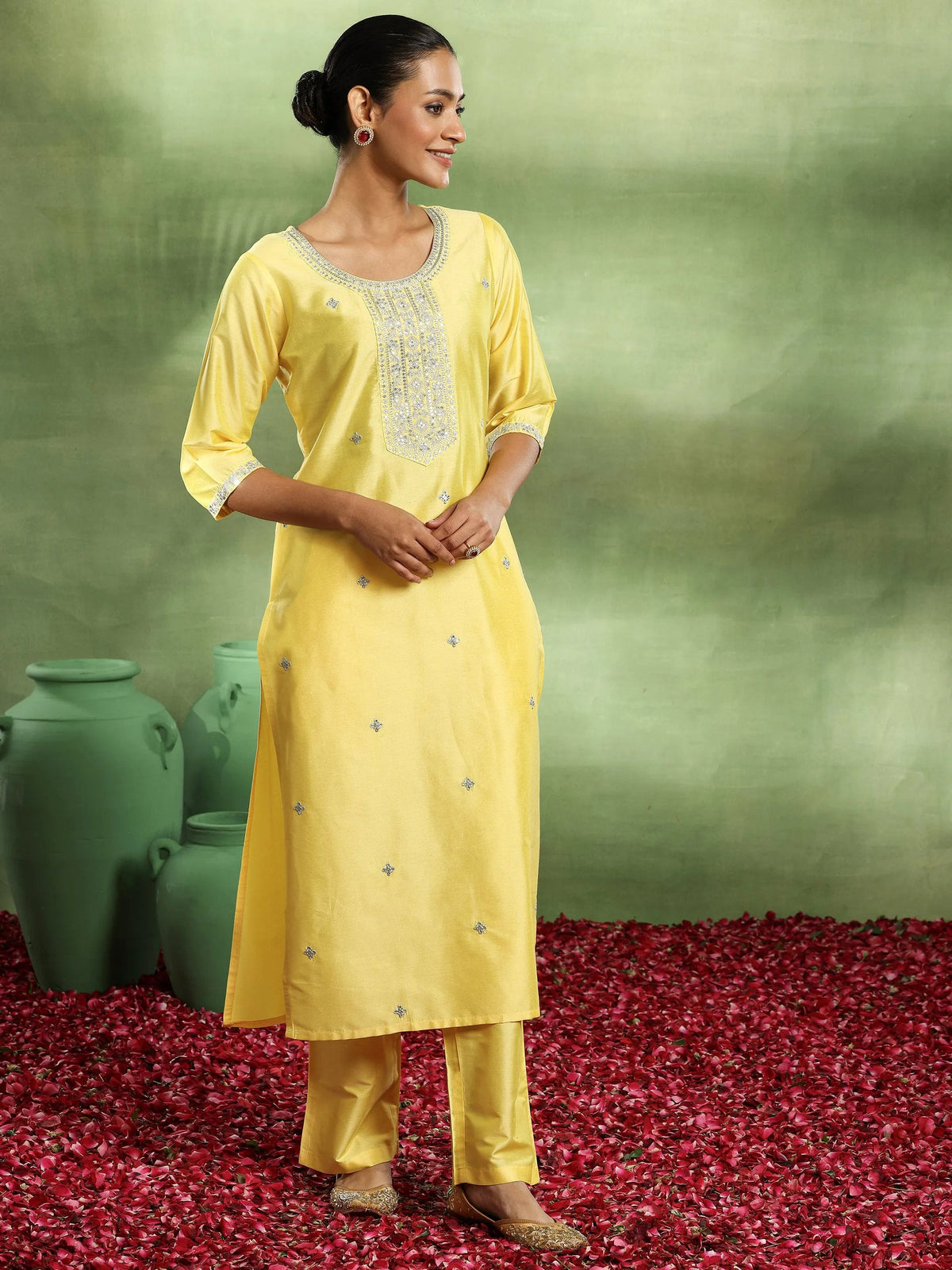 Anouk Yellow Embroidered Silk Blend Straight Suit With Dupatta