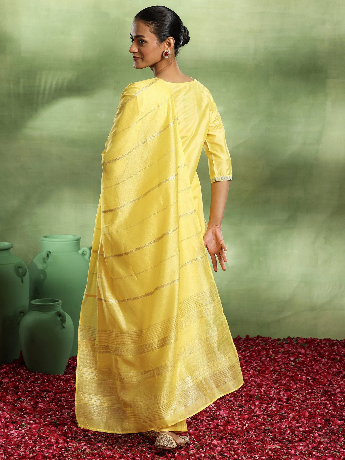 Anouk Yellow Embroidered Silk Blend Straight Suit With Dupatta
