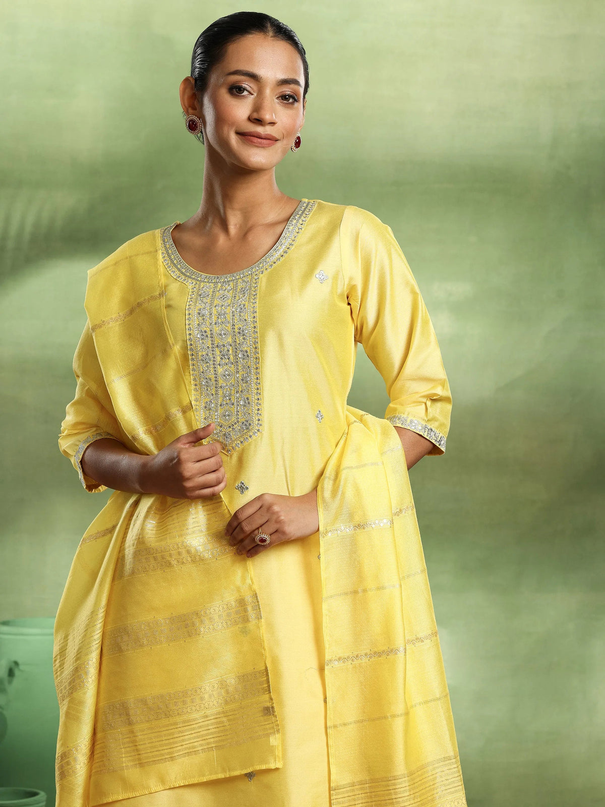 Anouk Yellow Embroidered Silk Blend Straight Suit With Dupatta