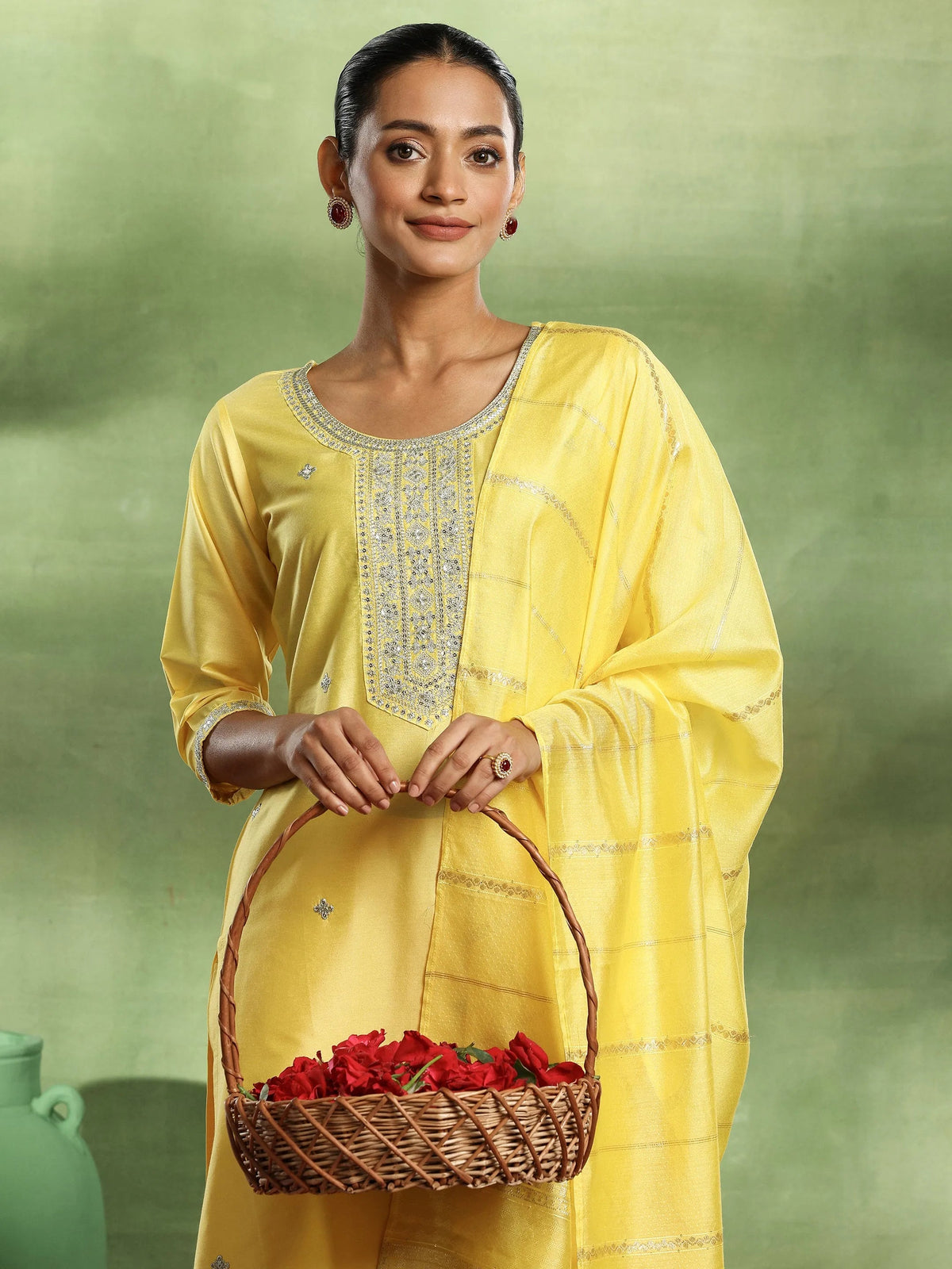 Anouk Yellow Embroidered Silk Blend Straight Suit With Dupatta