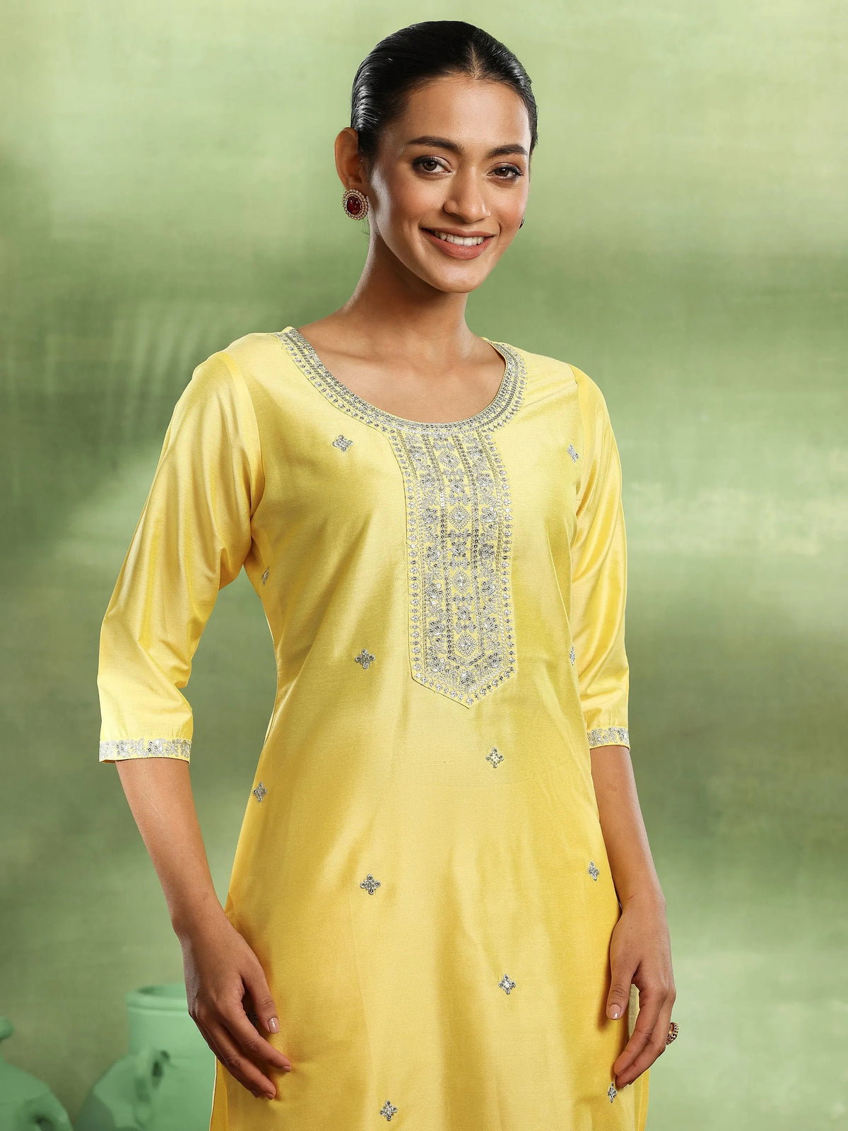 Anouk Yellow Embroidered Silk Blend Straight Suit With Dupatta