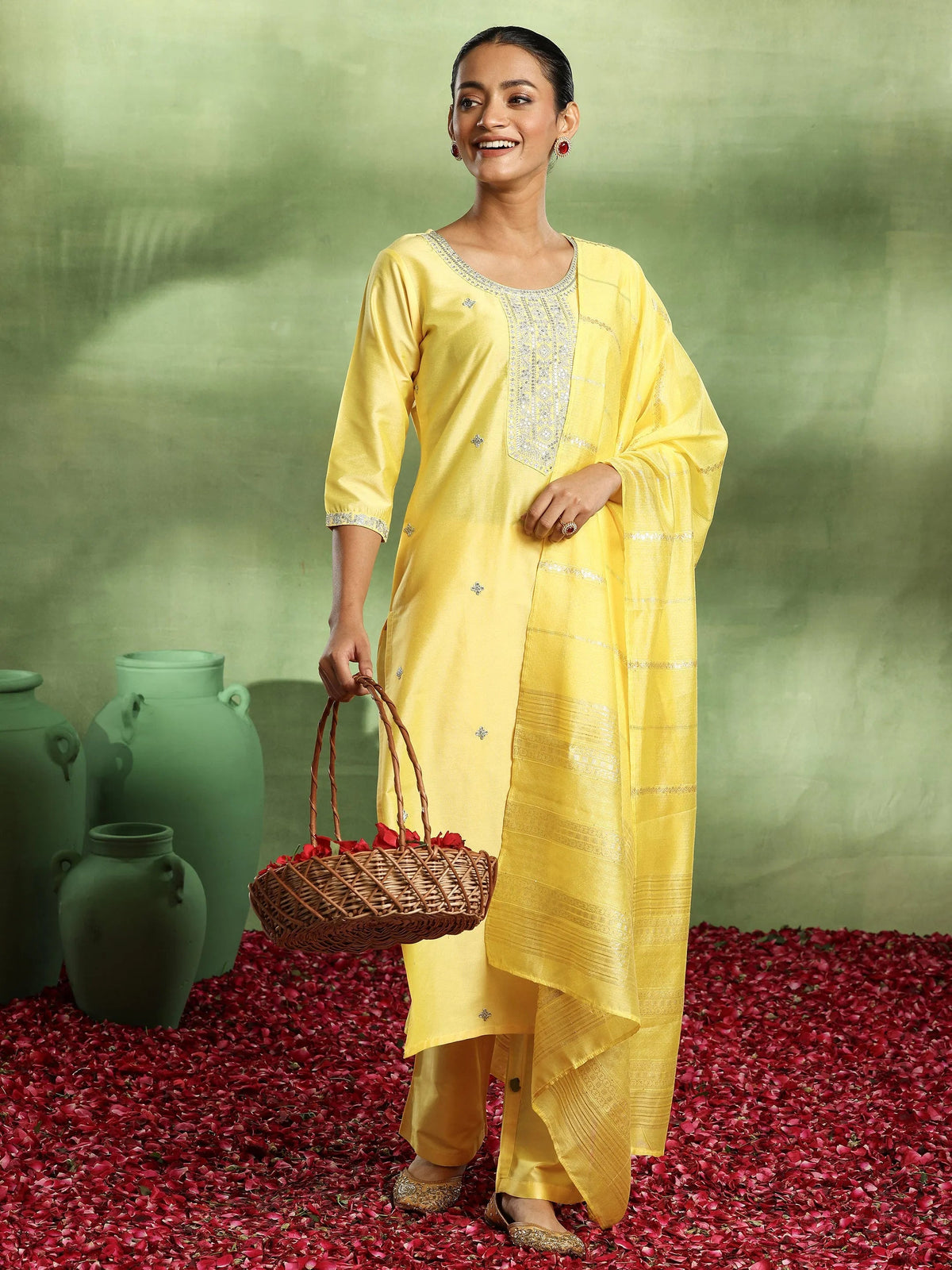 Anouk Yellow Embroidered Silk Blend Straight Suit With Dupatta