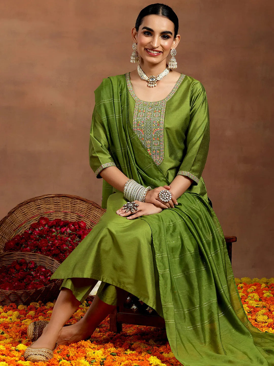 Anouk Green Yoke Design Silk Blend Straight Suit With Dupatta