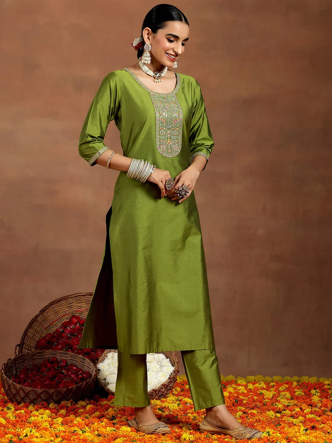 Anouk Green Yoke Design Silk Blend Straight Suit With Dupatta