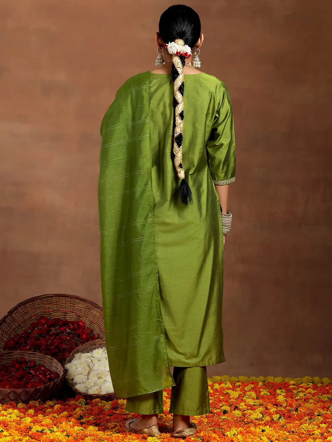 Anouk Green Yoke Design Silk Blend Straight Suit With Dupatta