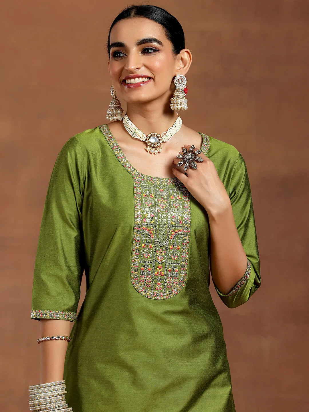 Anouk Green Yoke Design Silk Blend Straight Suit With Dupatta