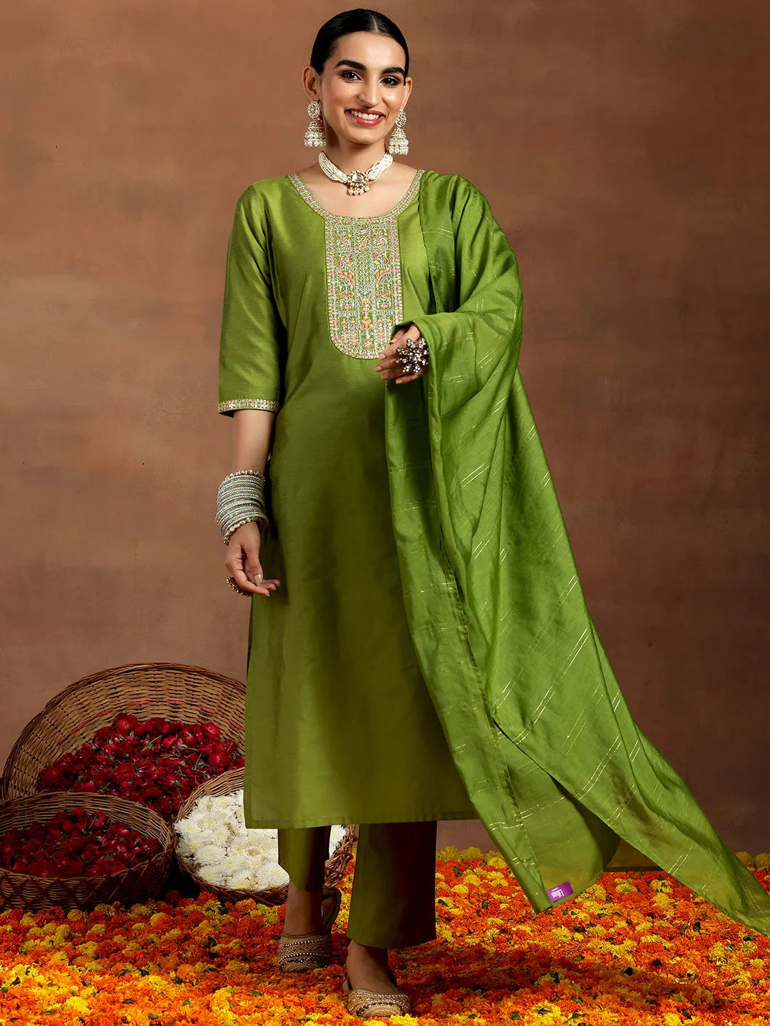 Anouk Green Yoke Design Silk Blend Straight Suit With Dupatta