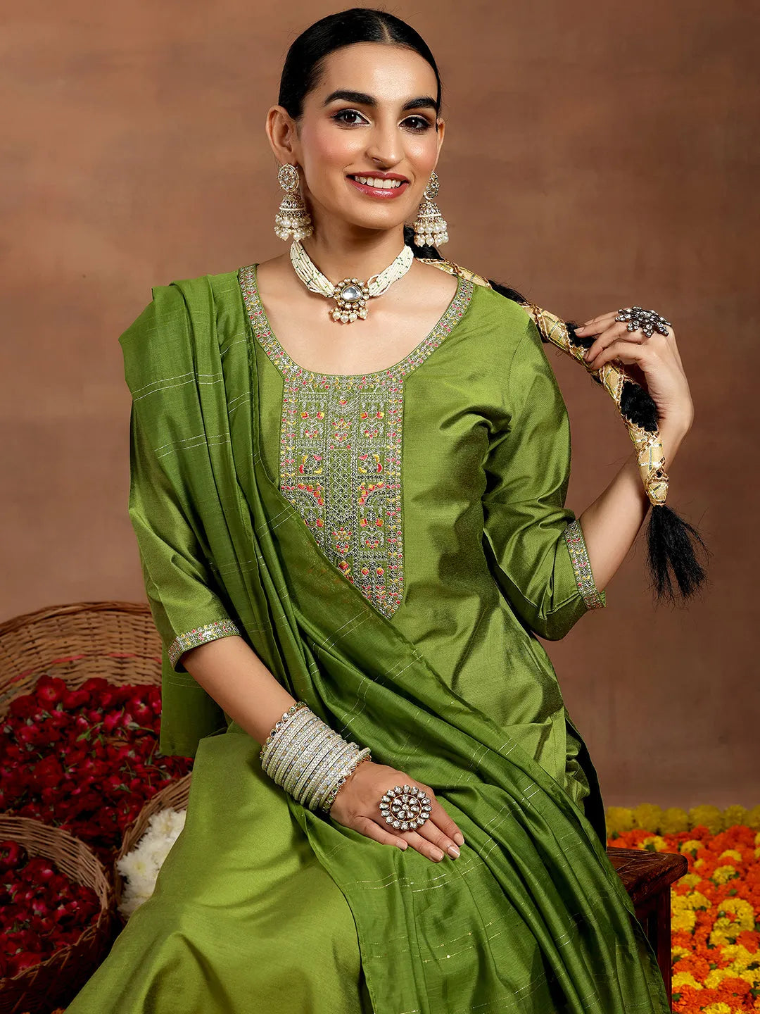 Anouk Green Yoke Design Silk Blend Straight Suit With Dupatta
