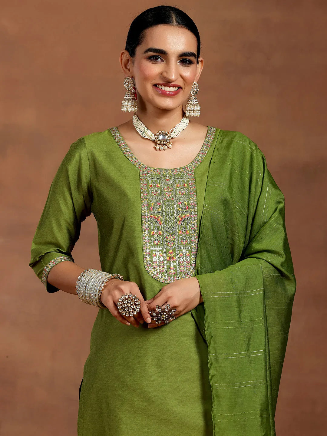 Anouk Green Yoke Design Silk Blend Straight Suit With Dupatta