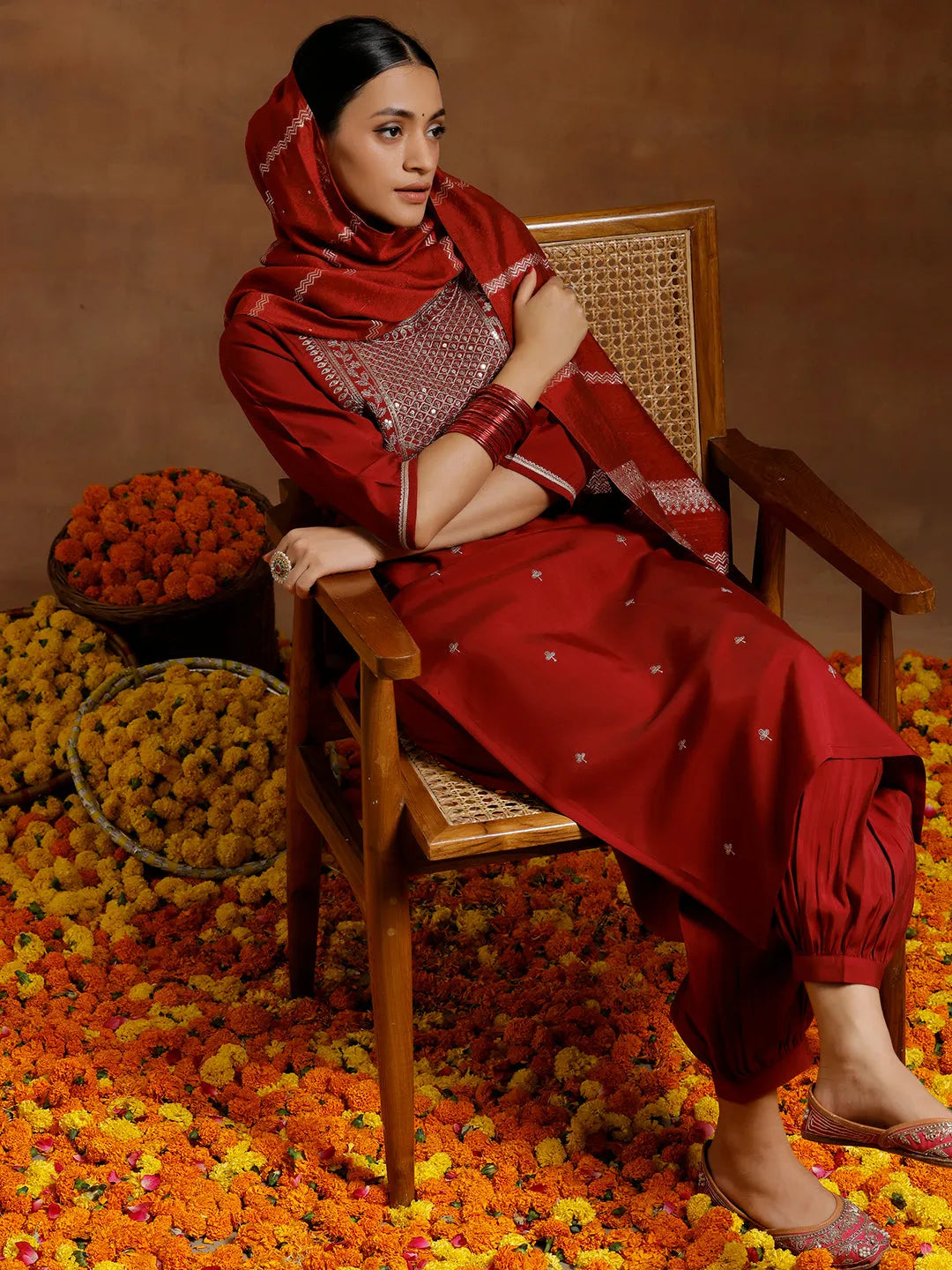 Anouk Maroon Yoke Design Silk Blend Straight Suit With Dupatta