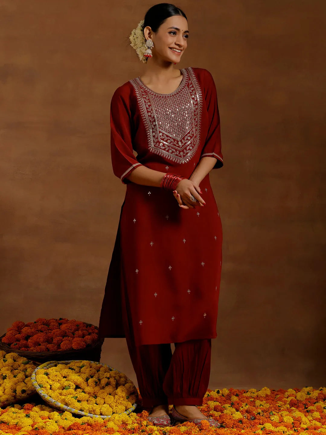 Anouk Maroon Yoke Design Silk Blend Straight Suit With Dupatta