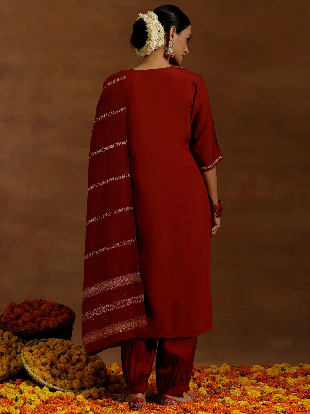 Anouk Maroon Yoke Design Silk Blend Straight Suit With Dupatta