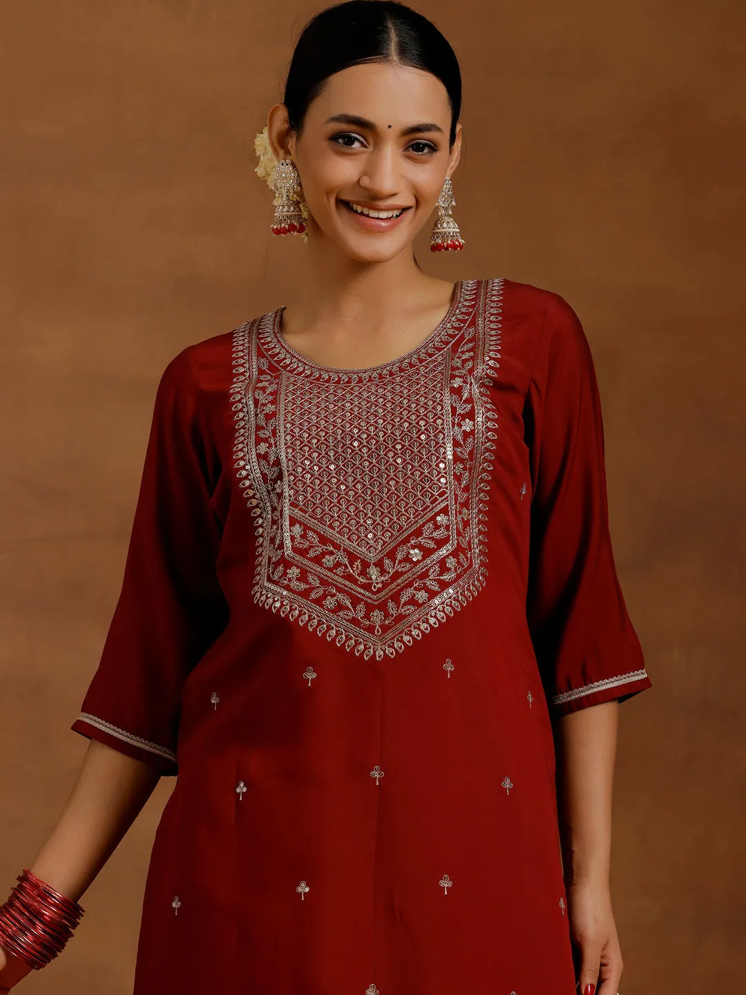 Anouk Maroon Yoke Design Silk Blend Straight Suit With Dupatta