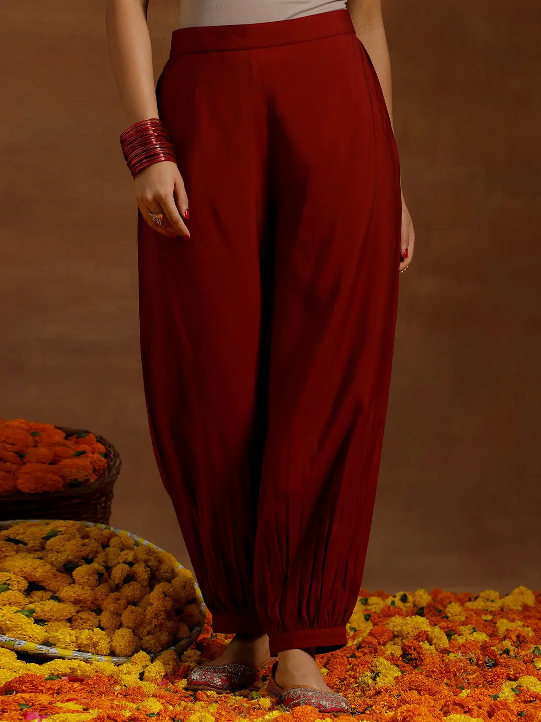 Anouk Maroon Yoke Design Silk Blend Straight Suit With Dupatta