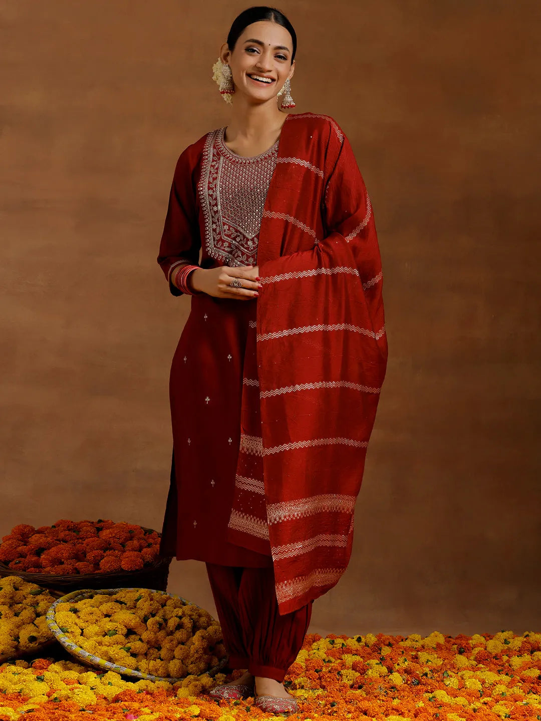 Anouk Maroon Yoke Design Silk Blend Straight Suit With Dupatta