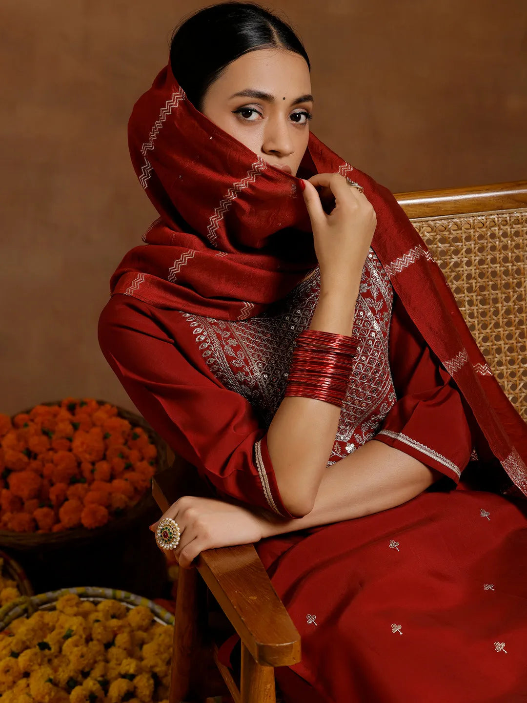 Anouk Maroon Yoke Design Silk Blend Straight Suit With Dupatta