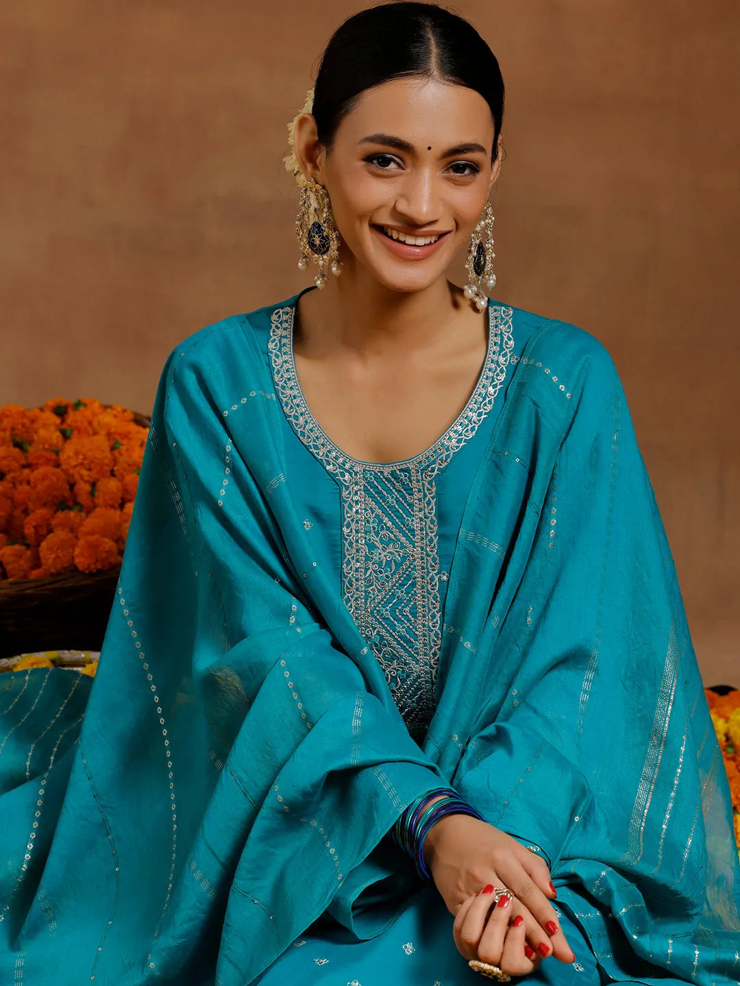 Anouk Green Yoke Design Silk Blend Straight Suit With Dupatta
