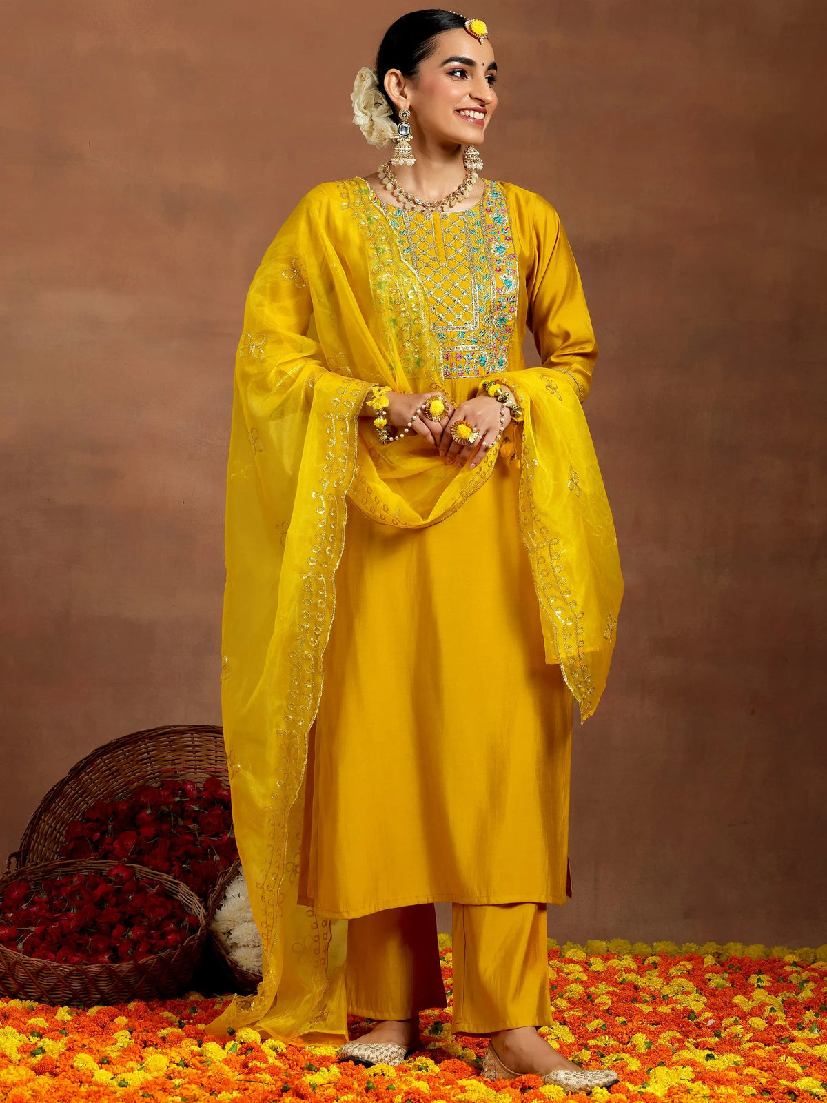 Anouk Mustard Yoke Design Silk Blend Straight Suit With Dupatta