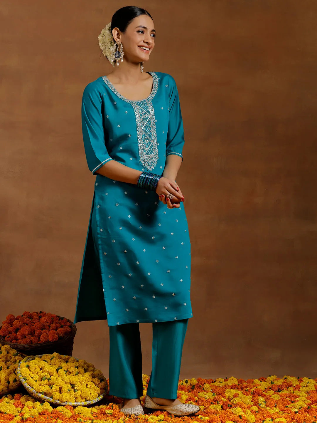 Anouk Green Yoke Design Silk Blend Straight Suit With Dupatta