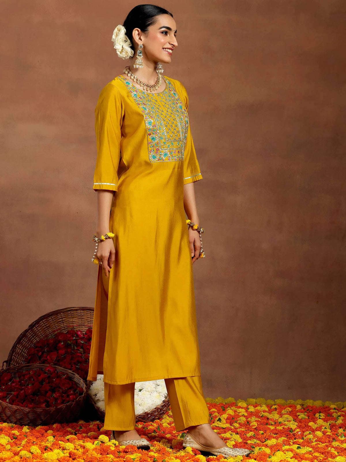 Anouk Mustard Yoke Design Silk Blend Straight Suit With Dupatta