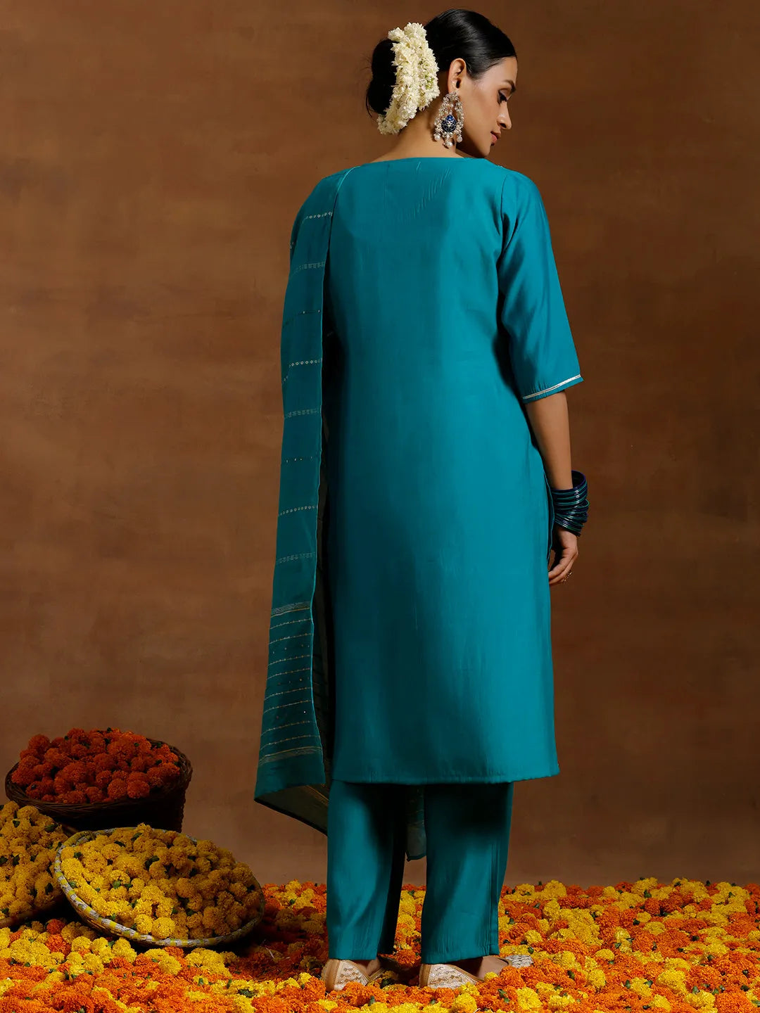 Anouk Green Yoke Design Silk Blend Straight Suit With Dupatta