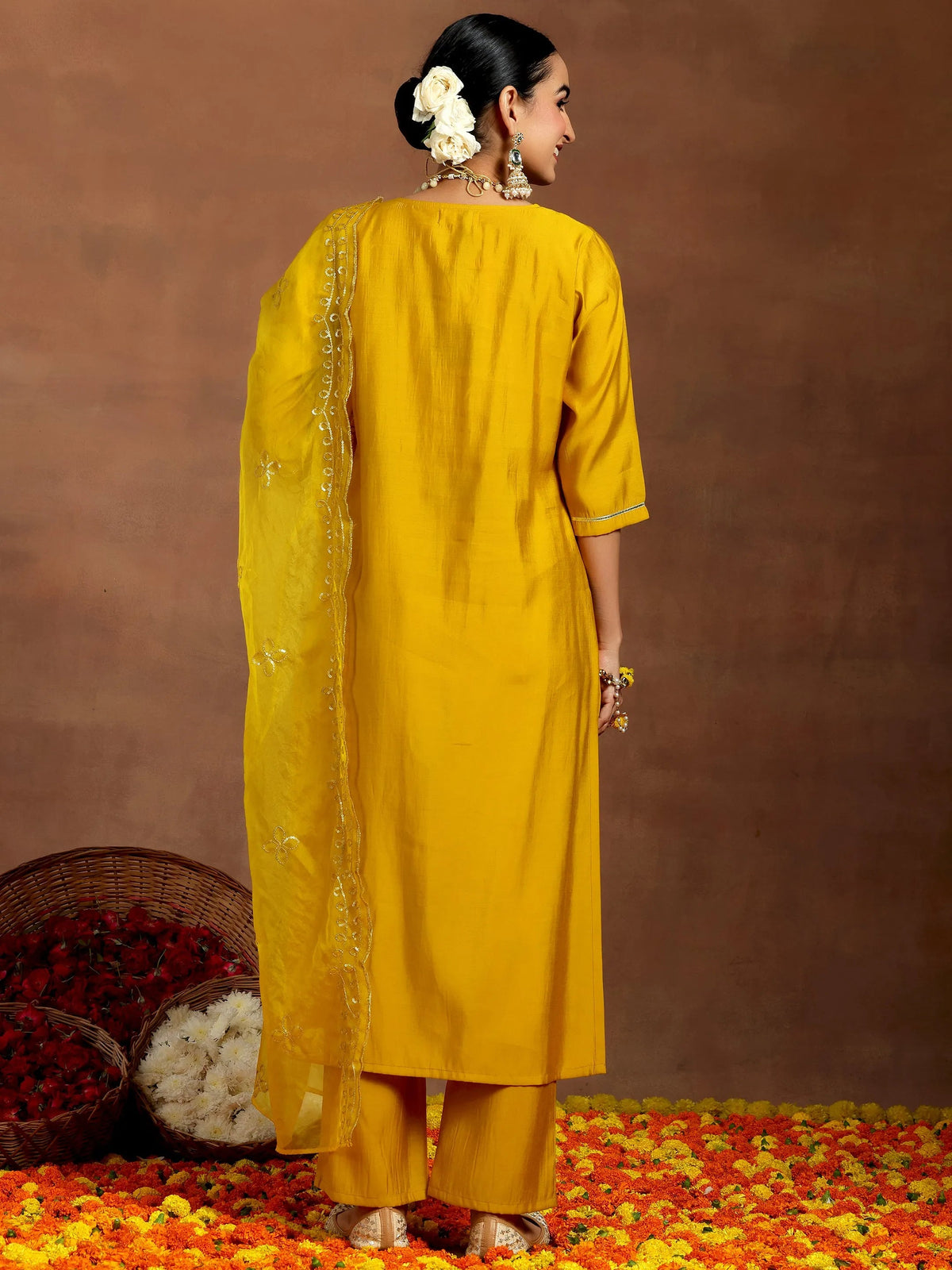 Anouk Mustard Yoke Design Silk Blend Straight Suit With Dupatta