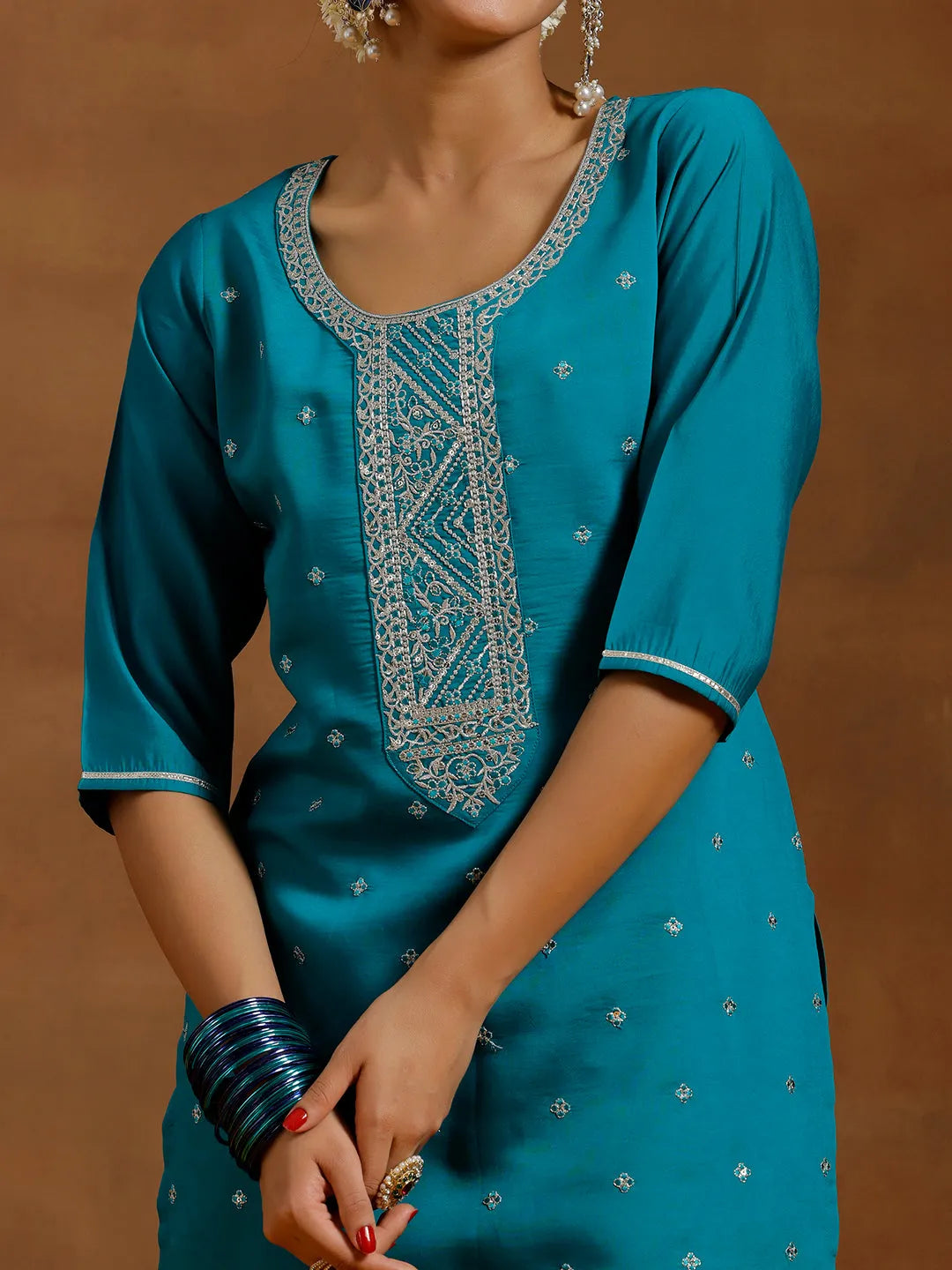 Anouk Green Yoke Design Silk Blend Straight Suit With Dupatta