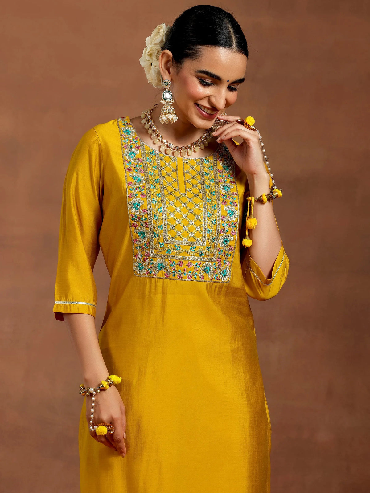 Anouk Mustard Yoke Design Silk Blend Straight Suit With Dupatta