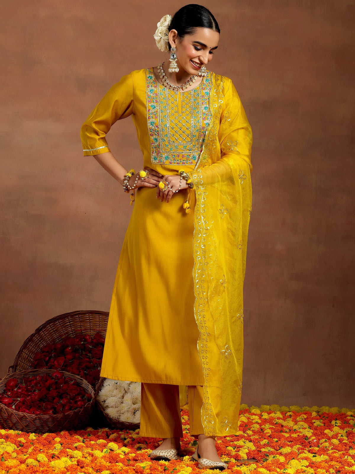 Anouk Mustard Yoke Design Silk Blend Straight Suit With Dupatta